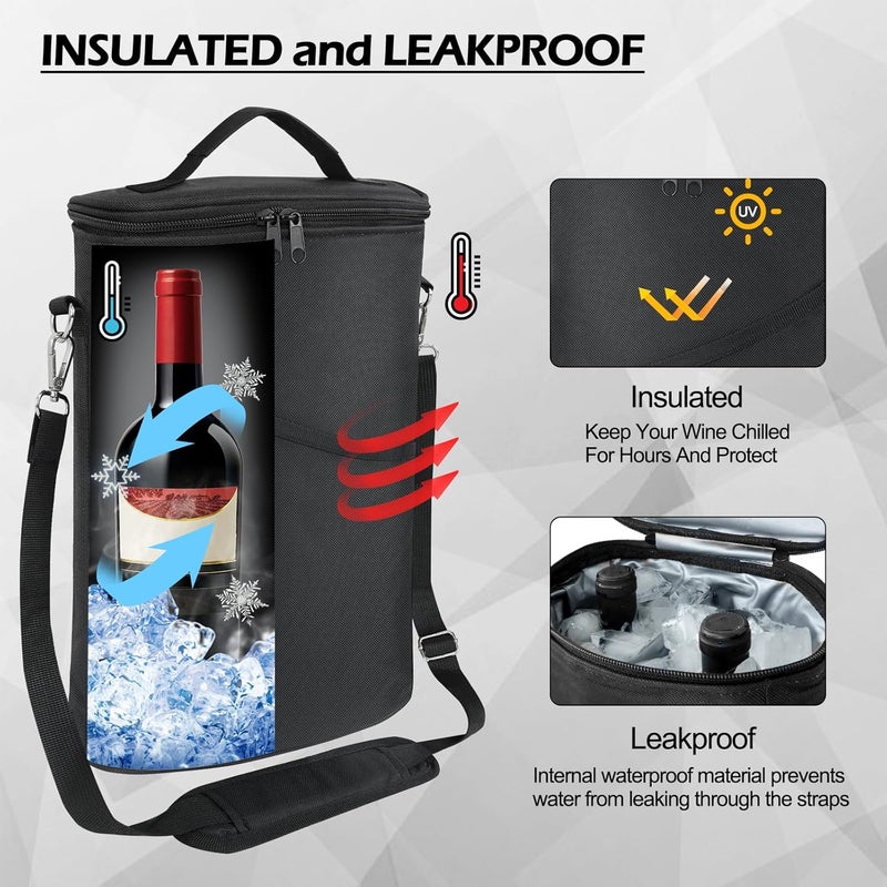 bruwaa 2 Bottle Wine Cooler Bag, Leakproof Insulated Padded Wine Gift Tote Carrier with Handle and Adjustable Shoulder Strap, for Travel, Wine Tasting, Party, Christmas Gift for Wine Lover - Black - Image 3